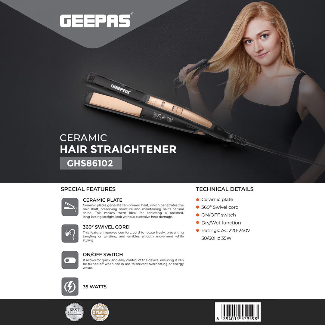 Geepas GHS86102 Ceramic Hair Straightener | 35W Hair Styling Tool with Ceramic Plates | Fast heat-up | 360° swivel cord |Lightweight & ergonomic design | Energy-efficient