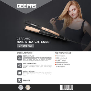 Geepas GHS86102 Ceramic Hair Straightener | 35W Hair Styling Tool with Ceramic Plates | Fast heat-up | 360° swivel cord |Lightweight & ergonomic design | Energy-efficient
