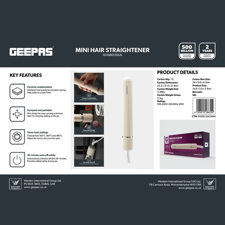 Geepas GHS86130UK Mini Hair Straightener 25W | Ceramic-Coated Plates |Compact and Portable Design |3 Heat Settings  |30-Minute Auto Shut-Off |Convenient Everyday Styling