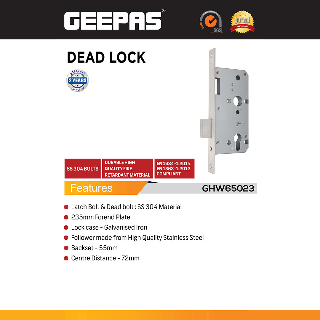 Geepas GHW65023 Dead Lock SS304 Mortise Lock with 235mm Forend Plate | 55mm Backset | 72mm Centre Distance | Fire Rated Door Lock for Wooden & Metal Doors | Durable