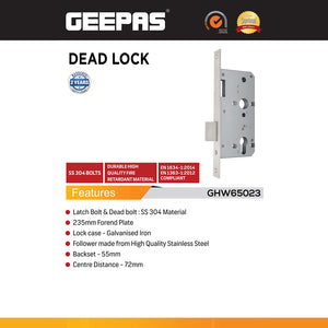 Geepas GHW65023 Dead Lock SS304 Mortise Lock with 235mm Forend Plate | 55mm Backset | 72mm Centre Distance | Fire Rated Door Lock for Wooden & Metal Doors | Durable