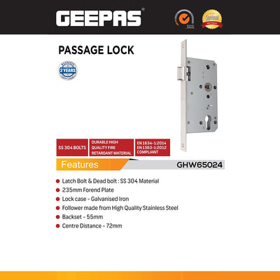 Geepas GHW65024 SS304 Passage Mortise Door Lock| Fire Rated Door Lock | 235mm Forend Plate| 55mm Backset| 72mm Centre Distance for Wooden & Metal Doors Applications