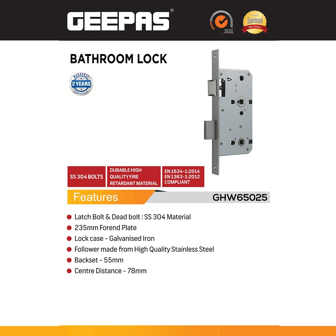 Geepas GHW65025 SS304 Bathroom Mortise Door Lock| Fire Rated Privacy Lock with 235mm Forend Plate| 55mm Backset| 78mm Centre Distance for Residential & Commercial Doors