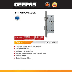 Geepas GHW65025 SS304 Bathroom Mortise Door Lock| Fire Rated Privacy Lock with 235mm Forend Plate| 55mm Backset| 78mm Centre Distance for Residential & Commercial Doors