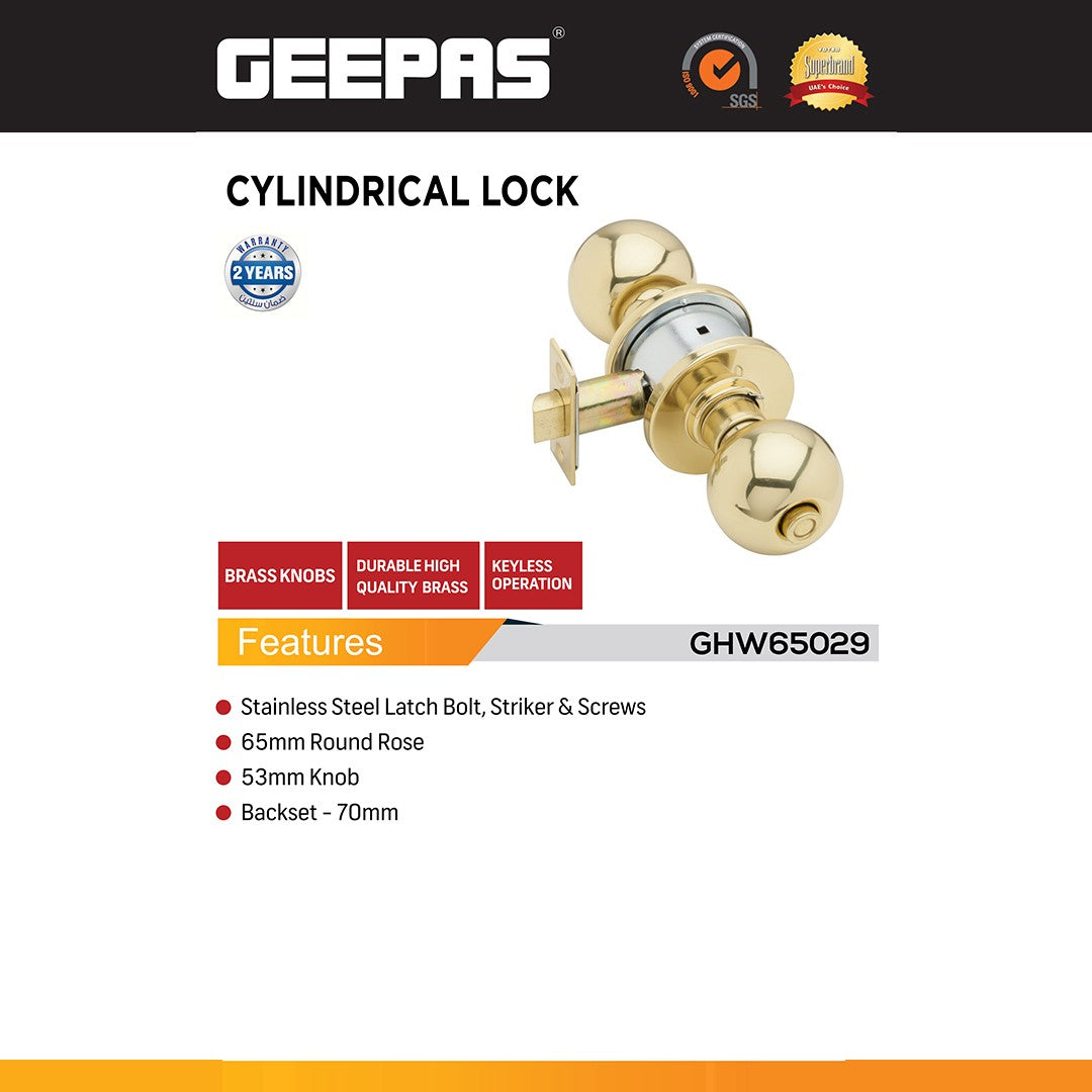 Geepas GHW65029 Cylindrical Lock Brass Door Knob Set with 65mm Rose | 70mm Backset| Keyless Operation | Stainless Steel Latch Bolt | Striker & Screws for Interior Doors