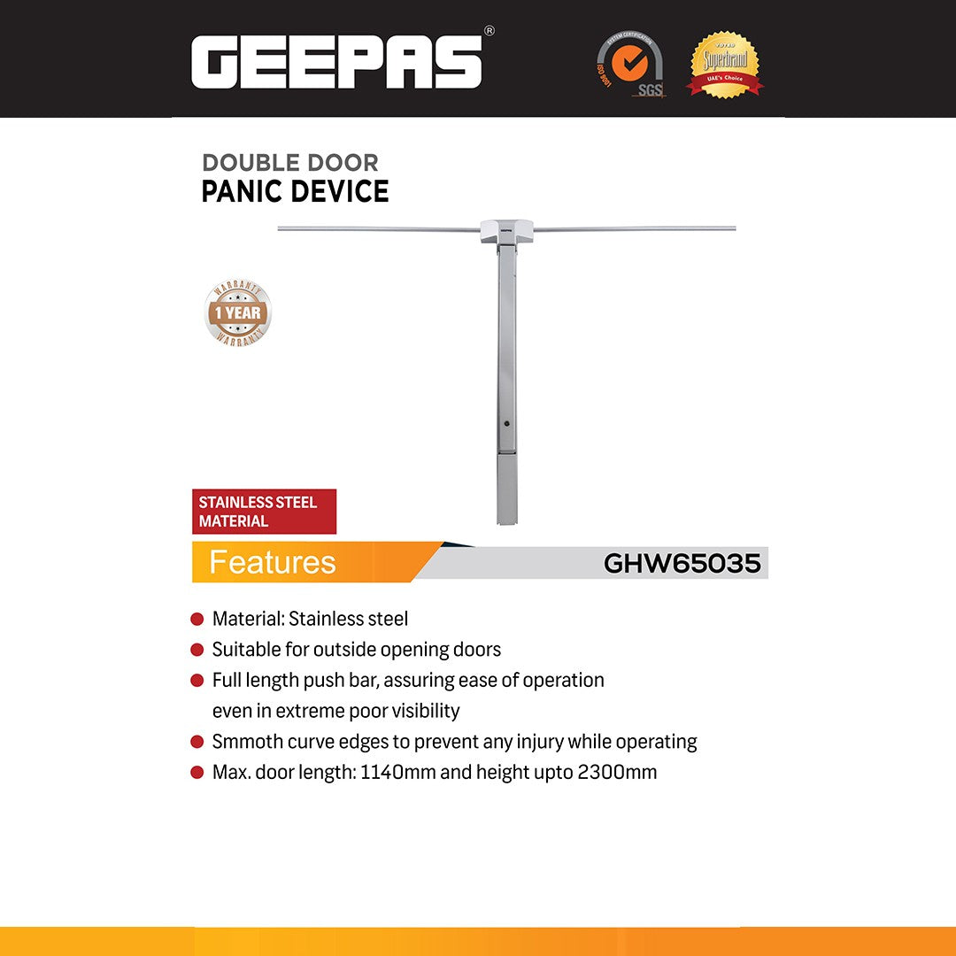 Geepas GHW65035 Double Door Panic Device| Stainless Steel Emergency Exit Push Bar| Full Length Safety Bar for Outside Opening Double Doors| Commercial Use Buildings