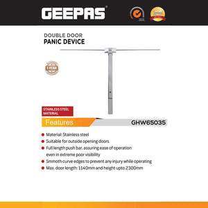 Geepas GHW65035 Double Door Panic Device| Stainless Steel Emergency Exit Push Bar| Full Length Safety Bar for Outside Opening Double Doors| Commercial Use Buildings