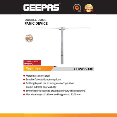 Geepas GHW65035 Double Door Panic Device| Stainless Steel Emergency Exit Push Bar| Full Length Safety Bar for Outside Opening Double Doors| Commercial Use Buildings