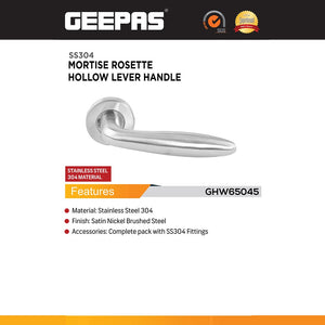 Geepas GHW65045 SS304 Mortise Rosette Hollow Lever Handle| Satin Nickel Brushed Stainless Steel Door Handle | Complete SS304 Fittings for Residential & Commercial Doors