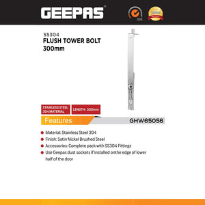 Geepas GHW65056 SS304 300mm Flush Tower Bolt |  Satin Nickel Door Bolt| Stainless Steel Flush Door Lock | Complete SS304 Fittings for Wooden and Metal Double Doors
