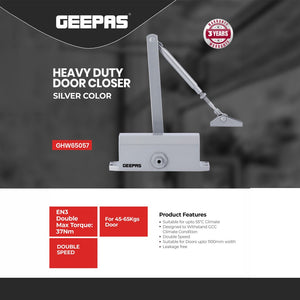 Geepas GHW65057 Heavy Duty Door Closer EN3 | Double Speed Hydraulic Door Closer |  37Nm Torque for 45–65kg Doors up to 1100mm Width | Leak-Free | 3-Year Warranty