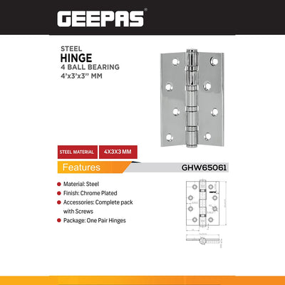Geepas GHW65061 Steel Ball Bearing Door Hinges | 4x3x3mm Chrome Plated Heavy Duty Hinges with Screws | One Pair for Wooden & Metal Doors | Smooth Operation Hardware