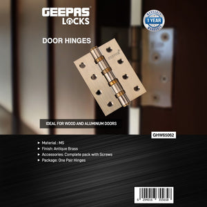 Geepas GHW65062 Antique Brass Door Hinges | MS Heavy Duty Hinges for Wooden & Aluminium Doors with Screws | One Pair Durable Door Hardware | Corrosion Resistant
