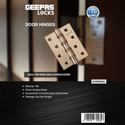 Geepas GHW65062 Antique Brass Door Hinges | MS Heavy Duty Hinges for Wooden & Aluminium Doors with Screws | One Pair Durable Door Hardware | Corrosion Resistant
