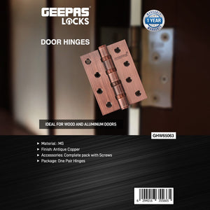 Geepas GHW65063 Antique Copper Door Hinges| Heavy Duty MS Hinges for Wooden & Aluminium Doors with Screws | One Pair Durable Door Hardware for Indoor Residential Use