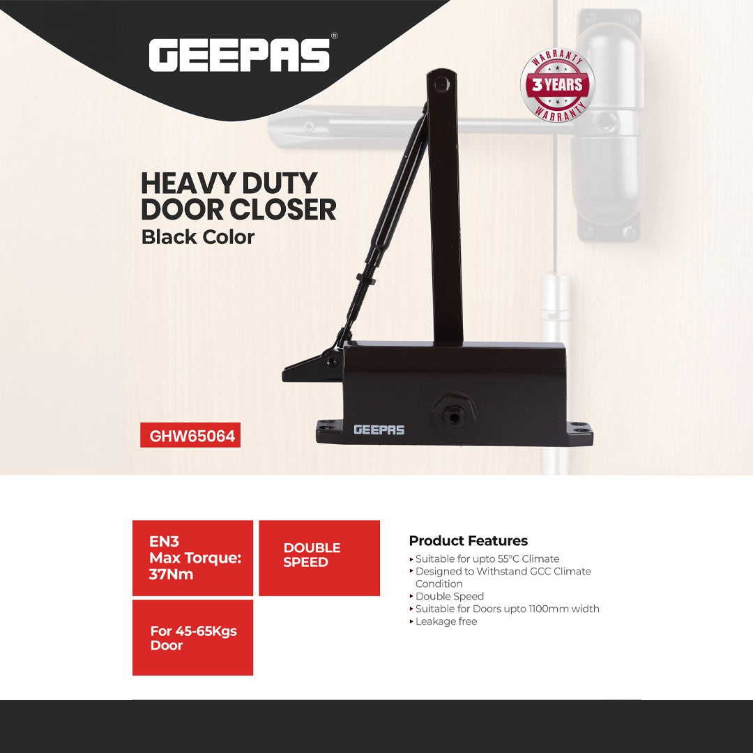 Geepas GHW65064 Heavy Duty Door Closer | Durable with Double Speed, Leak-Free Hydraulic | Fits 45-65Kg Doors | Perfect for Offices, Shops & Showrooms | 1-Year Warranty