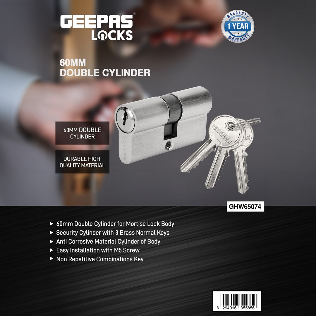 Geepas GHW65074 60mm Double Cylinder Lock |  3 Brass Keys for Mortise Lock Body|  Anti-Corrosive Security Cylinder for Residential & Commercial Doors with M5 Screw