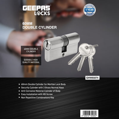 Geepas GHW65074 60mm Double Cylinder Lock |  3 Brass Keys for Mortise Lock Body|  Anti-Corrosive Security Cylinder for Residential & Commercial Doors with M5 Screw