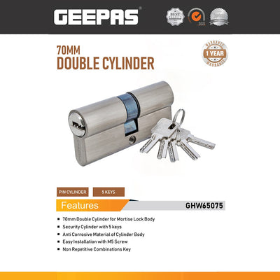 Geepas GHW65075 70mm Double Cylinder Lock with  5 Keys for Mortise Lock | Anti-Corrosive Pin Cylinder Security Lock with M5 Screw Installation | 1 Year Warranty