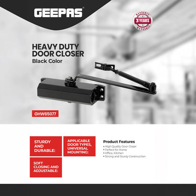 Geepas GHW65077 Heavy Duty Door Closer |  Black Adjustable Soft Closing Door Closer | Universal Mounting for Home, Office, Kitchen & Commercial Doors Indoor Use