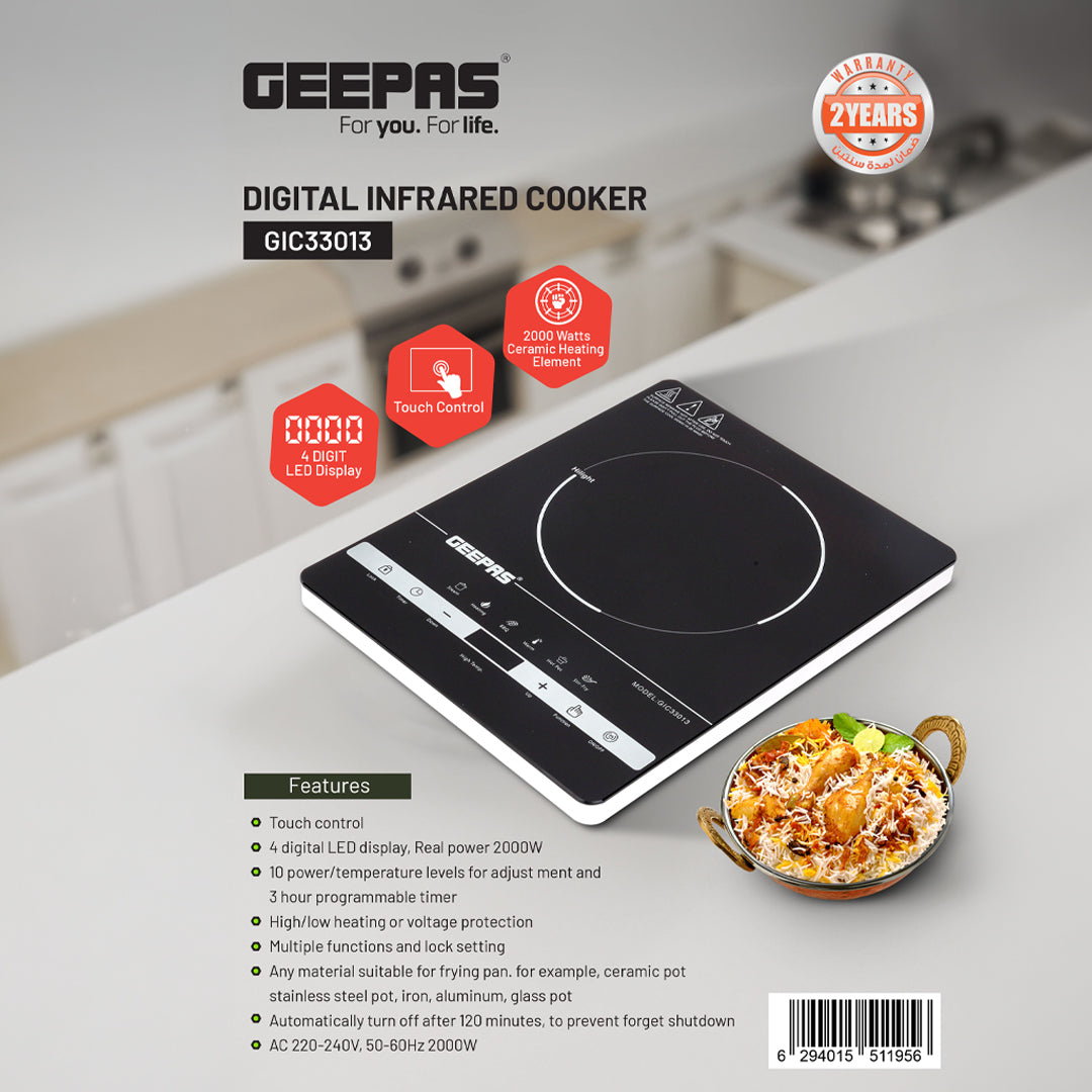 Geepas Digital Infrared Cooker GIC33013 |2000W Ceramic Heating Element| Touch Control| LED Display| 10 Adjustable Power Levels| Timer, Safety Protection| 2 Years Warranty