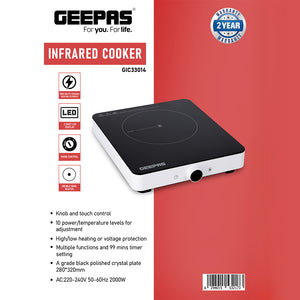 Geepas Infrared Cooker GIC33014 | 2000W Portable Electric Cooker|10 Power Levels| Knob & Touch Control| LED Display| 99-Min Timer| Durable Crystal Plate| 2 Year Warranty