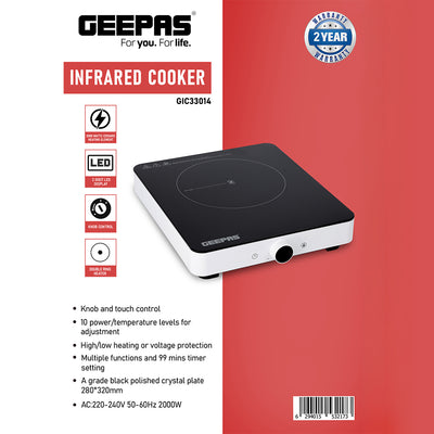 Geepas Infrared Cooker GIC33014 | 2000W Portable Electric Cooker|10 Power Levels| Knob & Touch Control| LED Display| 99-Min Timer| Durable Crystal Plate| 2 Year Warranty