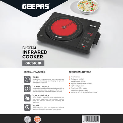 Geepas Digital Infrared Cooker GIC6101 | 2000W High Power  Electric Cooker| Touch Control | Digital Display| Large Heating Plate| Multi Functions | 2 Year Warranty