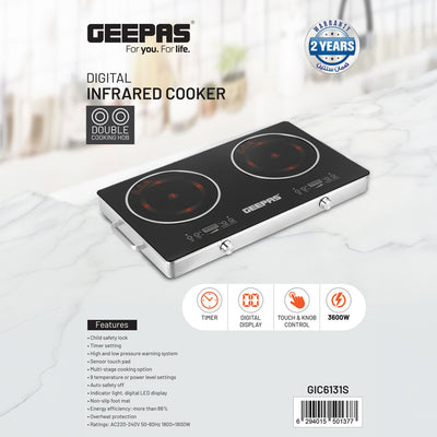 Geepas Digital Infrared Cooker GIC6131 |3600W Double Cooking Hob | Dual Ceramic Plates| Touch & Knob Control| Digital Display| Timer| Safety Protection|  2 Years Warranty