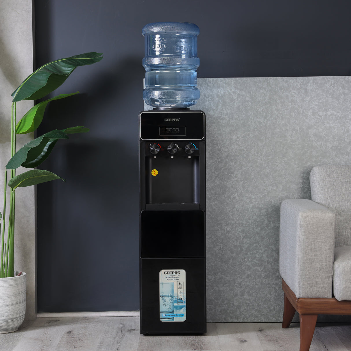 Geepas Water Dispenser with Ice Maker GIM17042 | 3 Taps | Hot & Cold Water | 2-in-1 Function | 10kg Ice Making Capacity | Child Lock | Stainless Steel Water Tank