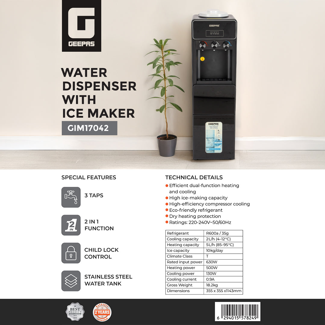 Geepas Water Dispenser with Ice Maker GIM17042 | 3 Taps | Hot & Cold Water | 2-in-1 Function | 10kg Ice Making Capacity | Child Lock | Stainless Steel Water Tank