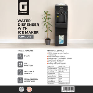 Geepas Water Dispenser with Ice Maker GIM17042 | 3 Taps | Hot & Cold Water | 2-in-1 Function | 10kg Ice Making Capacity | Child Lock | Stainless Steel Water Tank