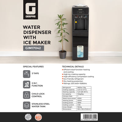 Geepas Water Dispenser with Ice Maker GIM17042 | 3 Taps | Hot & Cold Water | 2-in-1 Function | 10kg Ice Making Capacity | Child Lock | Stainless Steel Water Tank