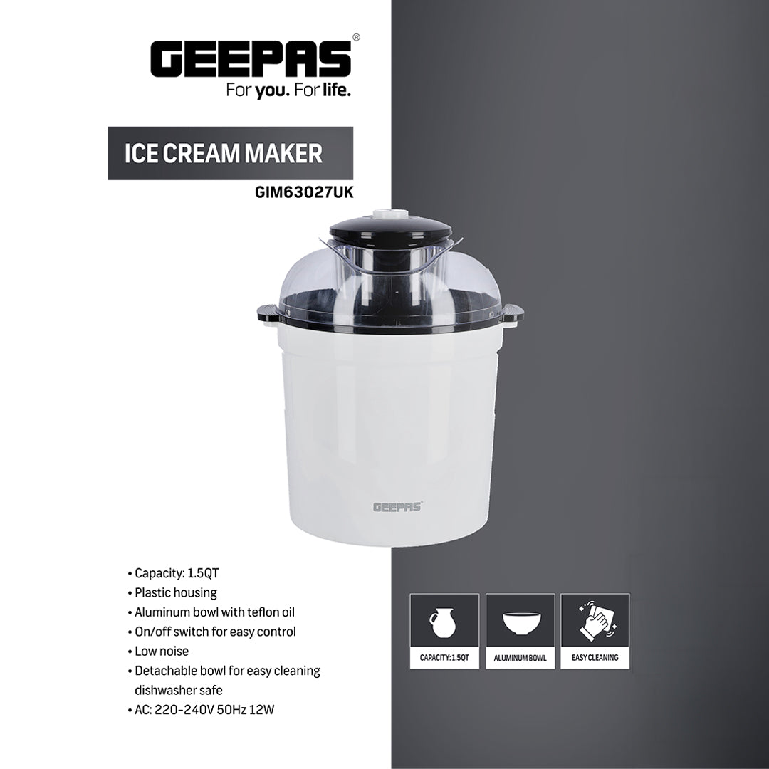 Geepas GIM63027UK Ice Cream Maker 1.5QT | Homemade Ice Cream, Gelato & Frozen Yogurt Machine |Durable BPA-free plastic housing | Food-grade aluminium bowl |Easy to Use