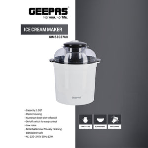Geepas GIM63027UK Ice Cream Maker 1.5QT | Homemade Ice Cream, Gelato & Frozen Yogurt Machine |Durable BPA-free plastic housing | Food-grade aluminium bowl |Easy to Use