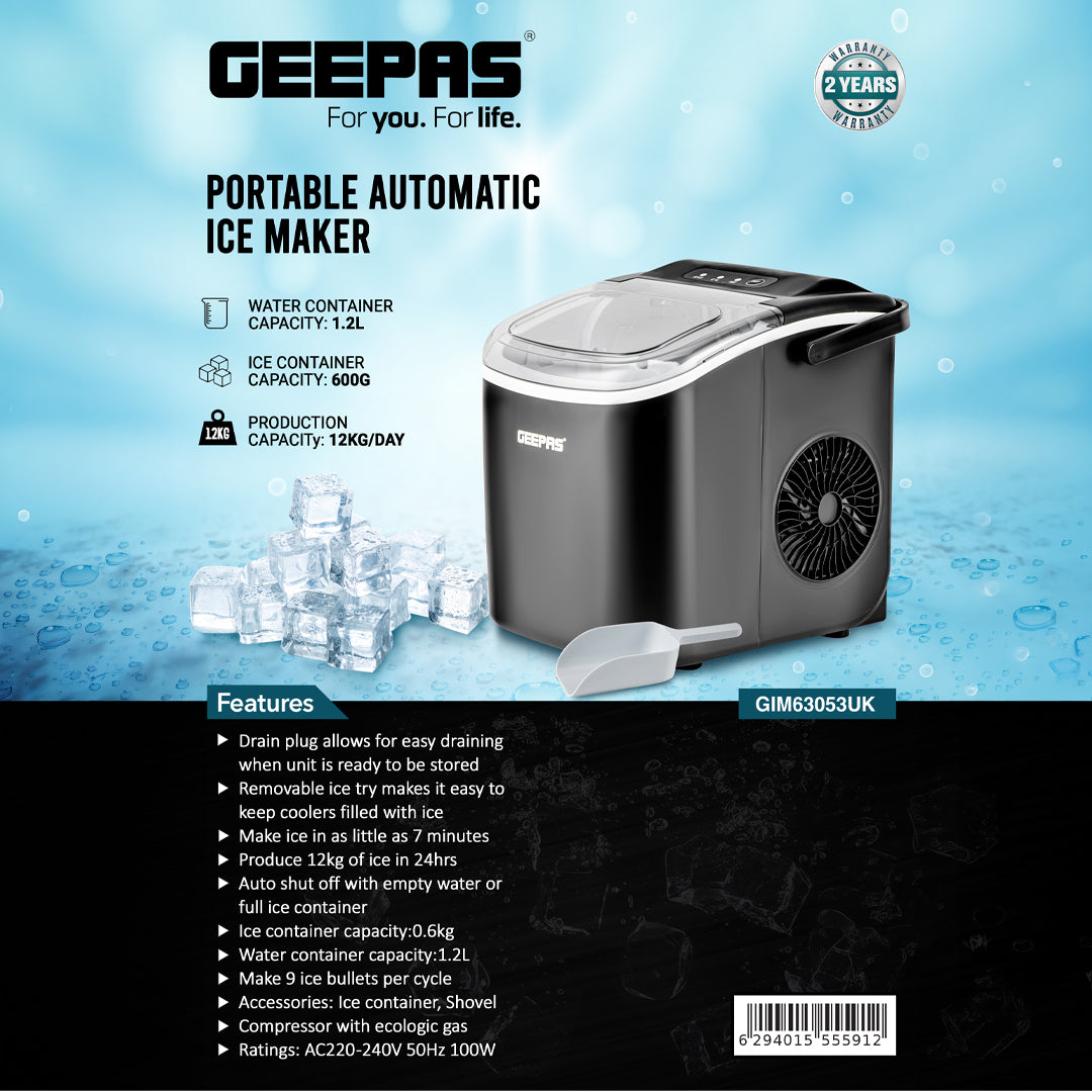 Geepas Portable Automatic Ice Maker GIM63053UK | 12kg/Day Production Capacity| 1.2L Water Tank| 600g Ice Storage| Makes 9 Ice Bullets in 7 Minutes| 2 Years Warranty