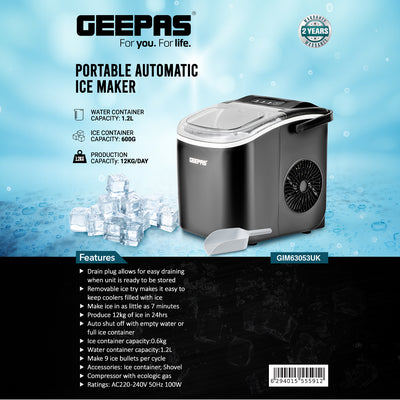 Geepas Portable Automatic Ice Maker GIM63053UK | 12kg/Day Production Capacity| 1.2L Water Tank| 600g Ice Storage| Makes 9 Ice Bullets in 7 Minutes| 2 Years Warranty