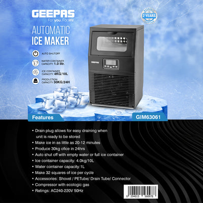 Geepas Automatic Ice Maker GIM63061 | 30kg Ice Production per Day | Fast 12–20 Minute Ice Making Cycles| Auto Shut-Off| Digital Control Panel| Large Ice Storage Capacity