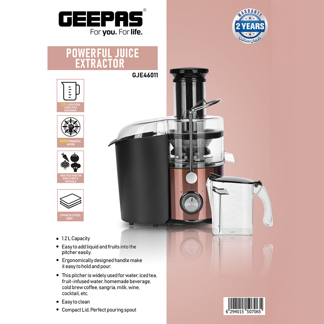 Geepas GJE46011 Powerful Juice Extractor | 1.2L Large Capacity Juicer | 800W | Stainless Steel Body| 2 Speed Control| Safety Locking Arm| Easy to Clean| 2 Year Warranty