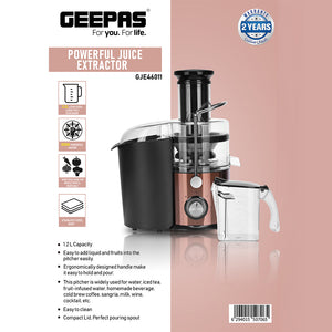 Geepas GJE46011 Powerful Juice Extractor | 1.2L Large Capacity Juicer | 800W | Stainless Steel Body| 2 Speed Control| Safety Locking Arm| Easy to Clean| 2 Year Warranty