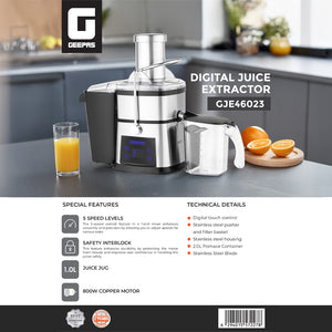 Geepas Digital Juice Extractor- GJE46023| 1.0 liter Jug| 2.0 Pomace Container| 800 W  | 5 Speed Setting| Touch Control | Stainless Steel Housing| 2 Years Warranty