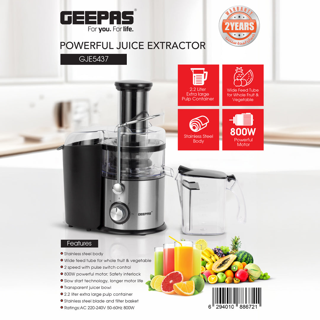 Geepas Juice Extractor GJE5437 | 800W | Wide Feed Tube for Whole Fruits & Vegetables| 2.2L Pulp Container| Stainless Steel Body| Multi-Safety Protection| 2 Years Warranty