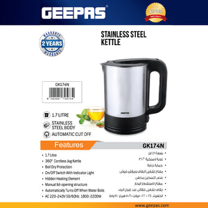 Geepas GK174 Stainless Steel Electric Kettle | 1.7L Capacity | 2200W Fast Boil | Auto Shut-Off| Boil Dry Protection| Stainless Steel Body| Safe Design | 2 Years Warranty