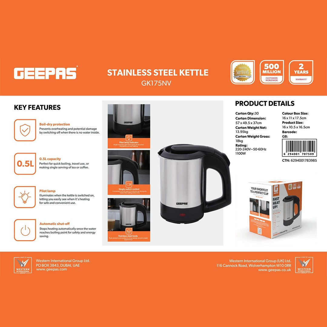 Geepas Stainless Steel Travel Kettle 0.5L GK175 | 1100W Compact Electric Kettle| Stainless Steel Housing| Fast Boil| Auto Shut-Off| Boil Dry Protection| 2 Years Warranty
