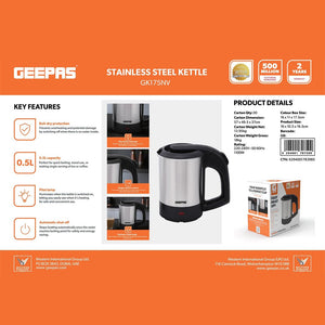 Geepas Stainless Steel Travel Kettle 0.5L GK175 | 1100W Compact Electric Kettle| Stainless Steel Housing| Fast Boil| Auto Shut-Off| Boil Dry Protection| 2 Years Warranty