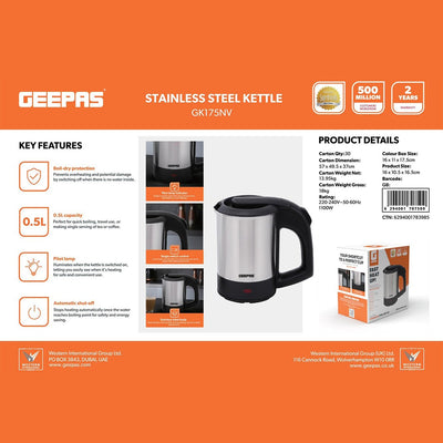Geepas Stainless Steel Travel Kettle 0.5L GK175 | 1100W Compact Electric Kettle| Stainless Steel Housing| Fast Boil| Auto Shut-Off| Boil Dry Protection| 2 Years Warranty