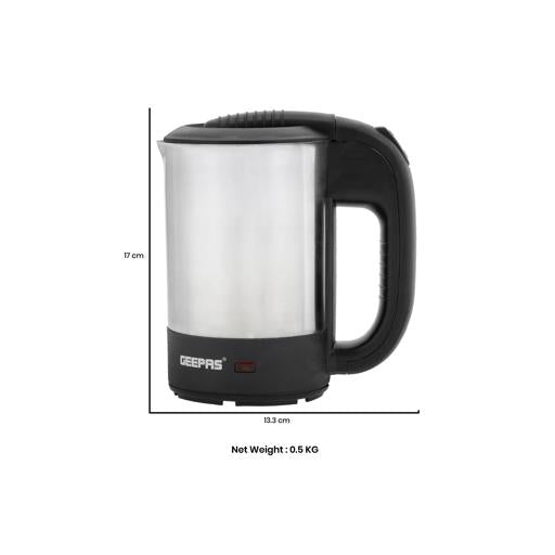 Geepas Stainless Steel Travel Kettle 0.5L GK175 | 1100W Compact Electric Kettle| Stainless Steel Housing| Fast Boil| Auto Shut-Off| Boil Dry Protection| 2 Years Warranty