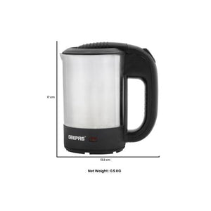 Geepas Stainless Steel Travel Kettle 0.5L GK175 | 1100W Compact Electric Kettle| Stainless Steel Housing| Fast Boil| Auto Shut-Off| Boil Dry Protection| 2 Years Warranty