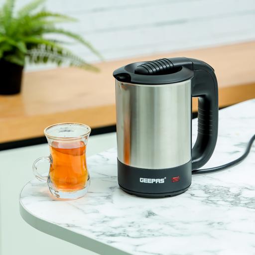 Geepas Stainless Steel Travel Kettle 0.5L GK175 | 1100W Compact Electric Kettle| Stainless Steel Housing| Fast Boil| Auto Shut-Off| Boil Dry Protection| 2 Years Warranty