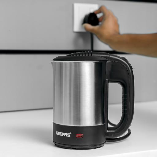Geepas Stainless Steel Travel Kettle 0.5L GK175 | 1100W Compact Electric Kettle| Stainless Steel Housing| Fast Boil| Auto Shut-Off| Boil Dry Protection| 2 Years Warranty
